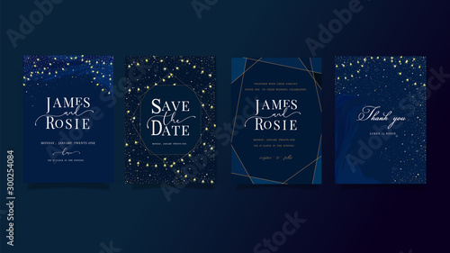 set of navy Blue Universe Wedding Invitation, universe invite thank you, rsvp modern card Design in little star light in the sky, space Vector elegant rustic template
