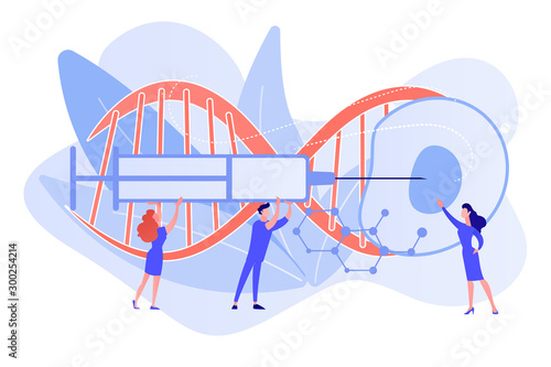 Scientists fertilize huge cell with syringe. Artificial reproduction, in vitro fertilization, artificial propagation concept on white background. Pinkish coral bluevector isolated illustration