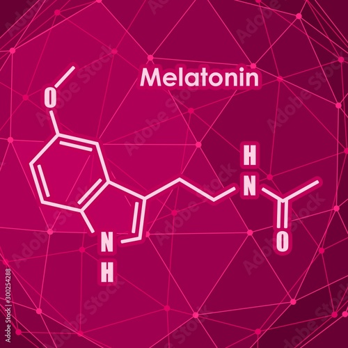 Melatonin hormone chemical molecular formula. In humans, it plays a role in circadian rhythm synchronization. Stylized conventional skeletal formula. Connected lines with dots background
