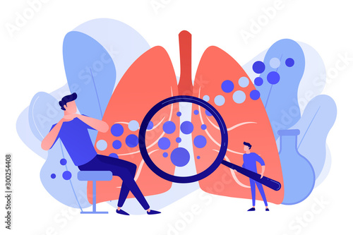 Male patient with anaphylactic symptoms and doctor with magnifier. Anaphylaxis, anaphylaxis shock treatment, allergic reaction help concept. Pinkish coral bluevector vector isolated illustration