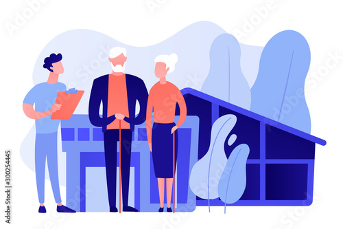 Skilled nurse and elderly people getting around-the-clock nursing care. Nursing home, nursing residential care, physical therapy service concept. Pinkish coral bluevector vector isolated illustration