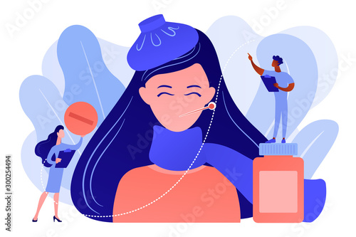 Sick woman with flu and cold symptoms and doctors, tiny people. Seasonal flu, contagious respiratory illness, influenza viruses treatment concept. Pinkish coral bluevector vector isolated illustration