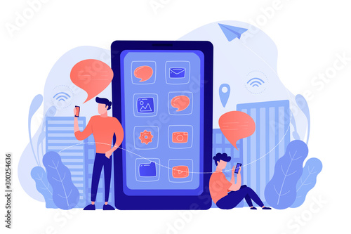 A mens near huge smartphone with application icons on the screen checking social media and news feeds. Social media, news tips, IoT and smart city concept. Vector illustration.