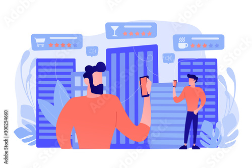 People checking cafe, bar and retail shop rates and ranks with smartphones. Intelligent service systems, smart navigation, IoT and smart city concept. Vector illustration on background