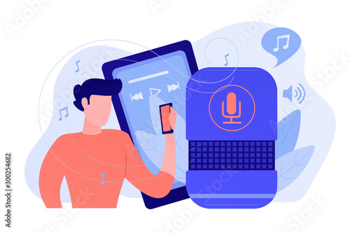 User playing music on smart speaker and mobile phone