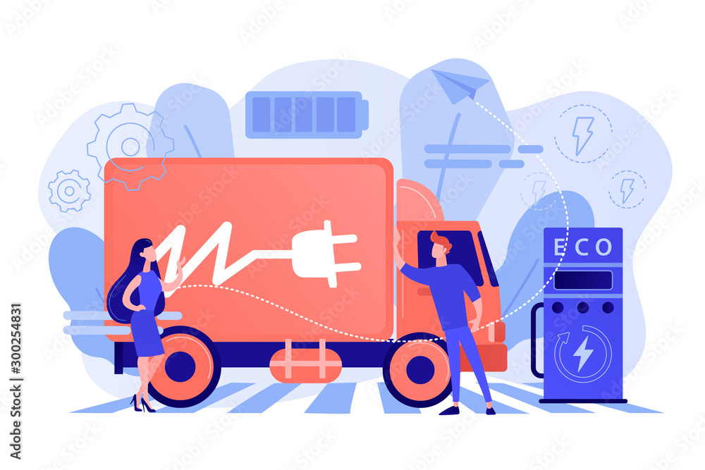 Eco-friendly elecrtic truck with plug charging battery at the charger station. Electric truck, eco-friendly logistics, modern transportation concept. Pinkish coral bluevector isolated illustration