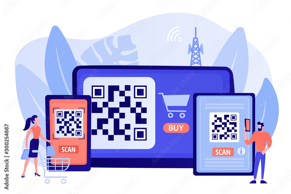 Vecteur Stock Barcode reading app, qrcode reader epayment transaction  application. QR code scanner, QR generator online, QR code payment concept.  Pinkish coral bluevector isolated illustration | Adobe Stock