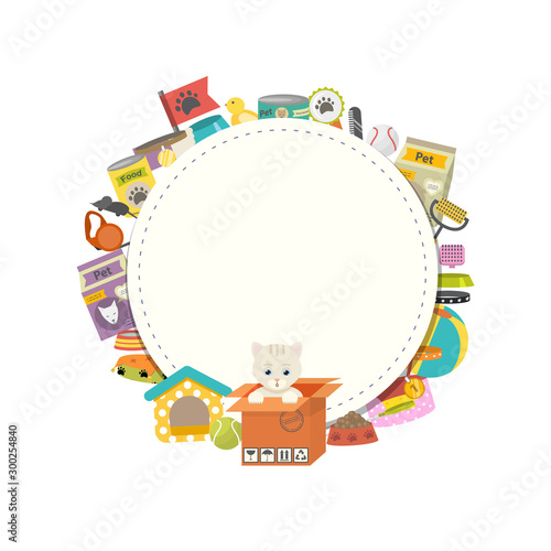 Cat stuff icons set in flat style with dung kennel
