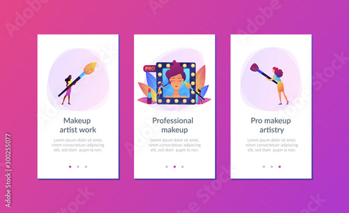Professional makeup artists applying make up with brush on woman face in mirror. Professional makeup, pro artistry, makeup artist work concept. Mobile UI UX GUI template, app interface wireframe