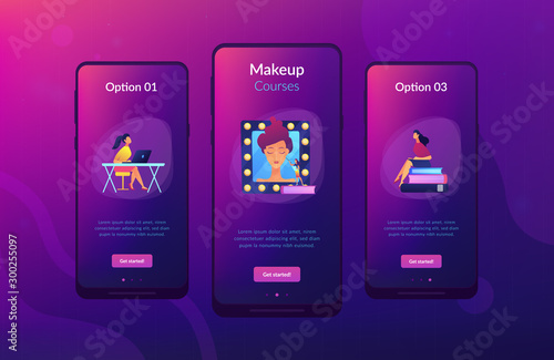 Students listening to teacher on training courses in professional makeup skills. Makeup courses, make up school, cosmetics masterclass concept. Mobile UI UX GUI template, app interface wireframe