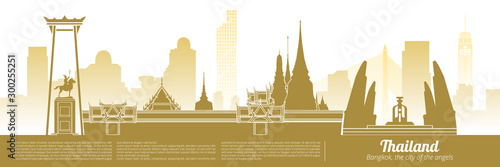 baiyoke tower ii, King Taksin Monument,Rama VIII bridge,wat phra kaew,King Power MahaNakhon,democracy monument landmark landscape bangkok thailand skyline travel town city vector graphic design