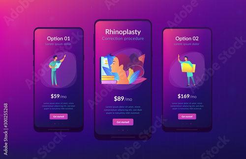 Plastic surgeon correcting the form of the woman nose for rhinoplasty. Rhinoplasty, nose correction procedure, surgical rhinoplasty concept. Mobile UI UX GUI template, app interface wireframe