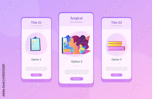 Plastic surgeon correcting the form of the woman nose for rhinoplasty. Rhinoplasty, nose correction procedure, surgical rhinoplasty concept. Mobile UI UX GUI template, app interface wireframe