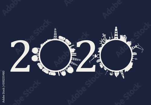 Circle with industry and sea shipping silhouettes. Objects located around the circle. Industrial design background. 2020 year number