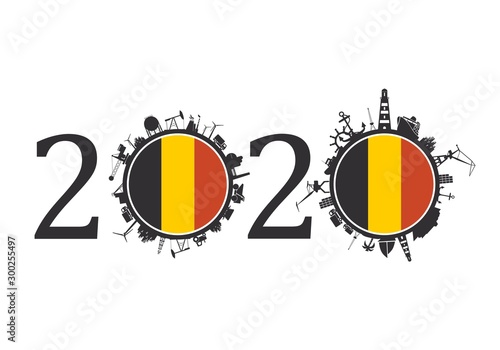 Circle with industry and sea shipping silhouettes. Objects located around the circle. Industrial design background. 2020 year number. Flag of the Belgium