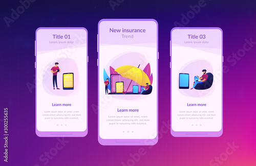Businessmen using electronic equipment under umbrella protection. Electronic device insurance, phone insurance policy, new insurance trend concept. Mobile UI UX GUI template, app interface wireframe