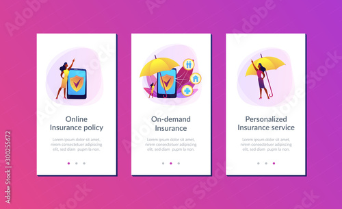 Customer getting insurance coverage and protection using smartphone. On-demand insurance, online policy, personalized isurance service concept. Mobile UI UX GUI template, app interface wireframe