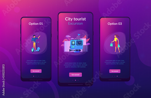 Businessman riding segway on the city tour, shopper and action camera. City segway tours, modern urban tourism, city tourist excursion concept. Mobile UI UX GUI template, app interface wireframe