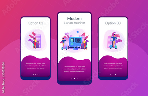 Businessman riding segway on the city tour, shopper and action camera. City segway tours, modern urban tourism, city tourist excursion concept. Mobile UI UX GUI template, app interface wireframe