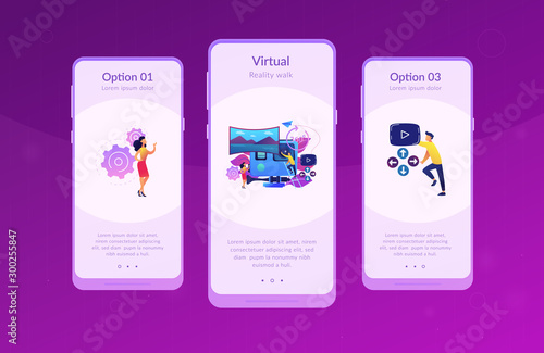 Business people on virtual reality tour 360 watching beautiful landscape and a camera. Virtual tour, 3d reality tours, virtual reality walk concept. Mobile UI UX GUI template, app interface wireframe