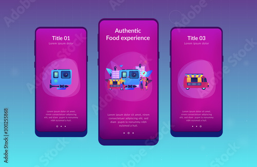 Tourists eat and like local cuisine, taking selfies and action camera. Culinary tourism, authentic food experience, food exploring tourism concept. Mobile UI UX GUI template, app interface wireframe
