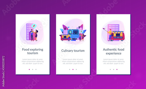 Tourists eat and like local cuisine, taking selfies and action camera. Culinary tourism, authentic food experience, food exploring tourism concept. Mobile UI UX GUI template, app interface wireframe