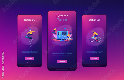 Extreme sportsmen riding a bike and snowboarding, participating in dangerous event. Extreme tourism, shock tourism, extreme industry events concept. Mobile UI UX GUI template, app interface wireframe