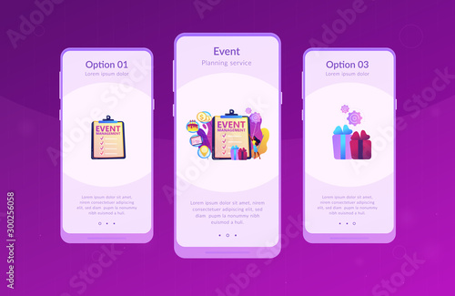 Manager with checklist creating event plan and development. Event management and planning service, how to plan an event, planning software concept. Mobile UI UX GUI template, app interface wireframe