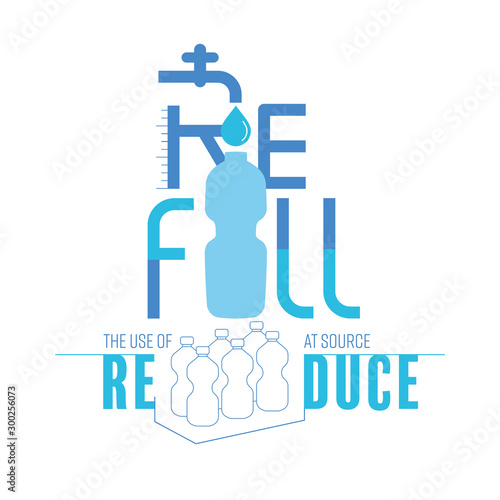 Tap water refill typographic design. Refill drinking water with reusable bottle help to reduce the use of single-use plastic at source. Vector illustration outline flat design style.