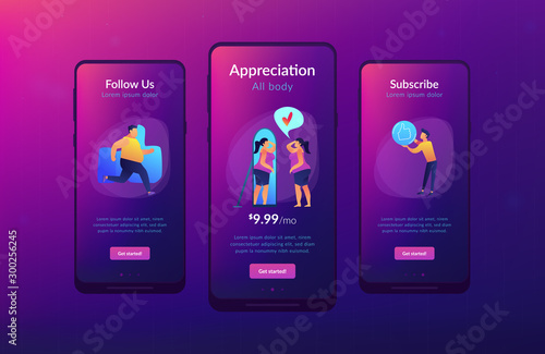Plus size woman in front of the mirror as a concept of body positivity, acceptance and appreciation for all body types, body image, self confidence. Violet palette. Mobile UI UX app interface template