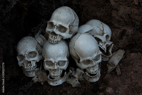 The human skull and pile of bones on black background, Halloween night