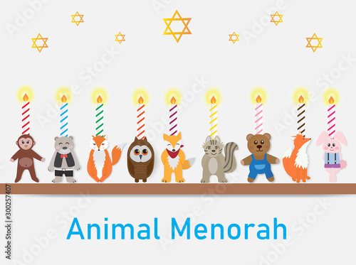 Happy Hanukkah celebration with animal menorah.