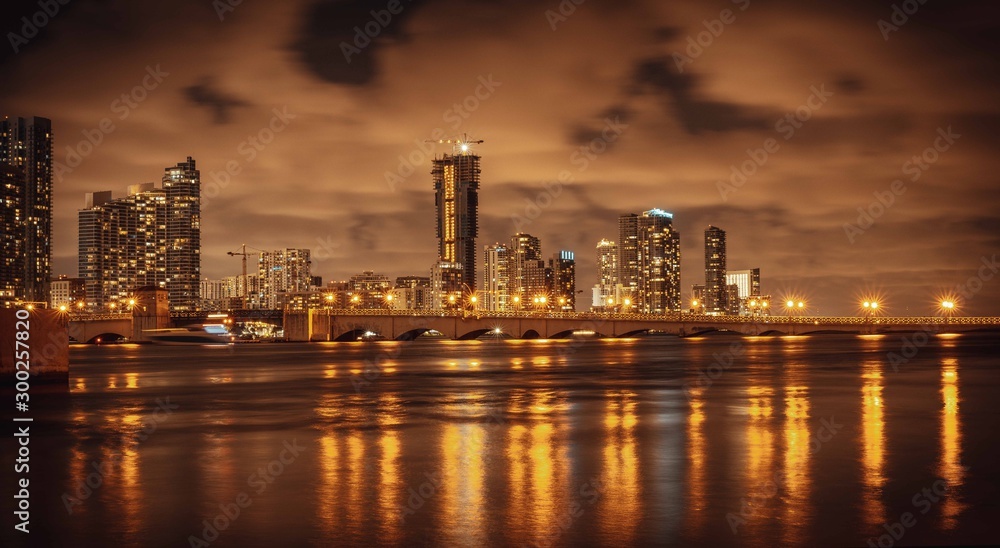 views city night water sea lights buildings bridge colors miami