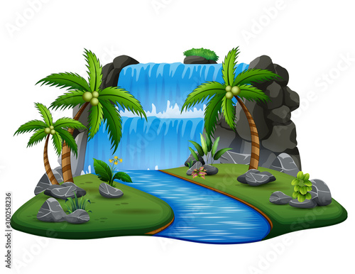 Scene with waterfall and river background