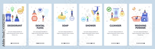 Mobile app onboarding screens. Morning routine icons, deodorant, dental floss, soap, shower, washing powder. Vector banner template for website and mobile development. Web site flat illustration