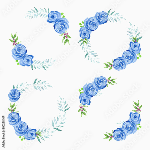 Watercolor hand painted blue rose flower wreath collection