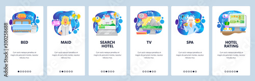 Mobile app onboarding screens. Hotel service, bed, room, maid, search hotel and booking, spa, rating. Menu vector banner template for website and mobile development. Web site design flat illustration