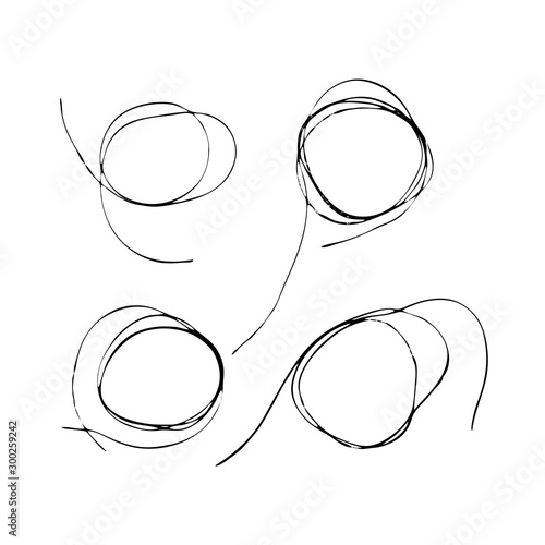 Set of tangled threads. Thread circle frames. Black line abstract scrawl sketch. Vector chaotic doodle shapes. EPS 10