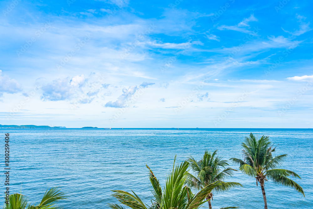 Beautiful panoramic landscape or seascape ocean with white cloud on blue sky for leisure travel in holiday Beautiful panoramic landscape or seascape ocean with white cloud on blue sky for leisure travel in holiday