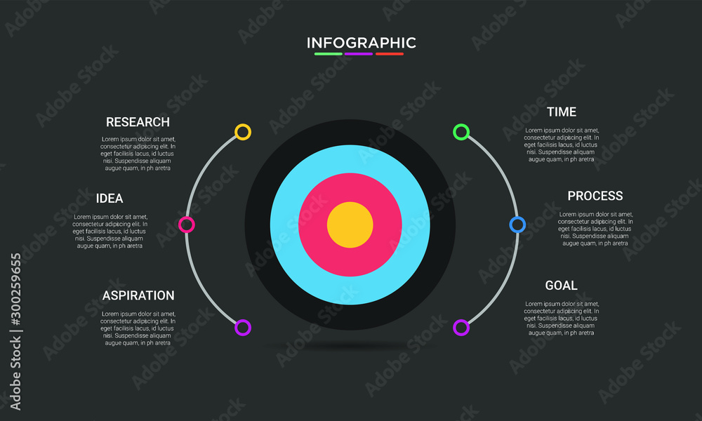 Fototapeta premium Six 6 Options infographic with shot target icon. step chart workflow element Plan Slide Template with isolated background theme