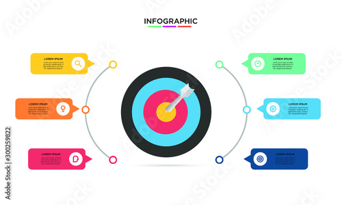 	 Six 6 Options infographic with shot target icon. step chart workflow  element Plan Slide Template with isolated background theme