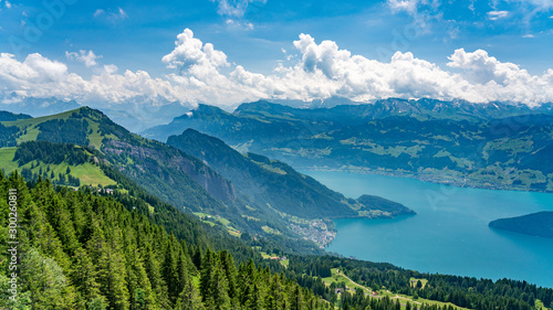 Switzerland, Panoramic view on green Alps and lake Lucerne from above Vitznau village