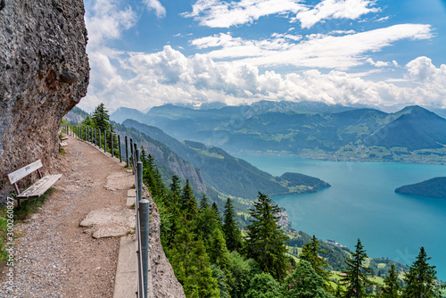 Switzerland, Panoramic view on green Alps and lake Lucerne from above Vitznau village