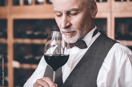 Sommelier Concept. Senior man standing holding glass smelling wine closed eyes joyful close-up