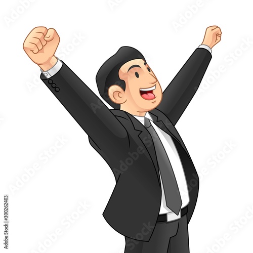 Businessman Raised His Hands Full of Happiness and Energy Spirit, Business Motivation Concept, Cartoon Vector Illustration Design, in Isolated White Background.