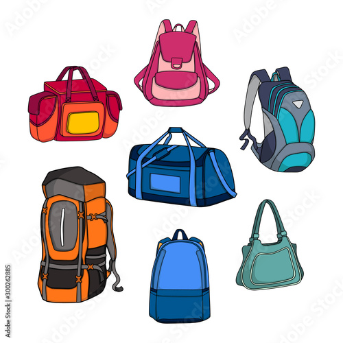 Design set of bags with different types of colorful doodle style isolated white background
