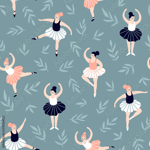 Seamless pattern with hand drawn ballerinas and leaves. Cute dancing girls on the blue natural background. Vector fashion repeated background for wallpaper, wrap paper or fabric.