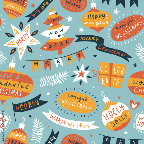 Christmas, new year seamless pattern with warm wishes in ornamental garlands, balloons and Christmas tree decorations. Vector design for wrapping paper.