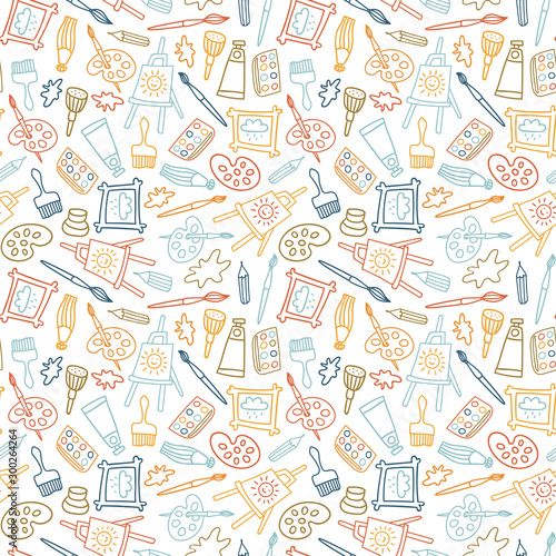 Seamless pattern in hand drawn doodle style. Line objects. Repeat background with art materials, brushes, paints and tools. Design for web background or wrapping paper.