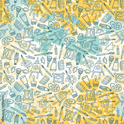 Seamless pattern in hand drawn doodle style. Line objects on the splashes of paint. Repeat background with art materials, brushes, paints and tools. Design for web background or wrapping paper.